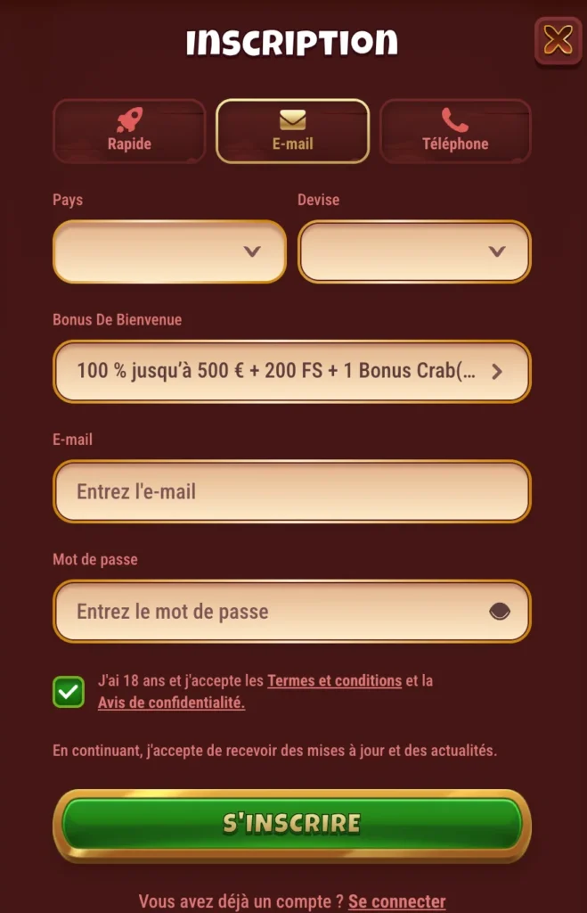 Magius Casino fenêtre d'inscription