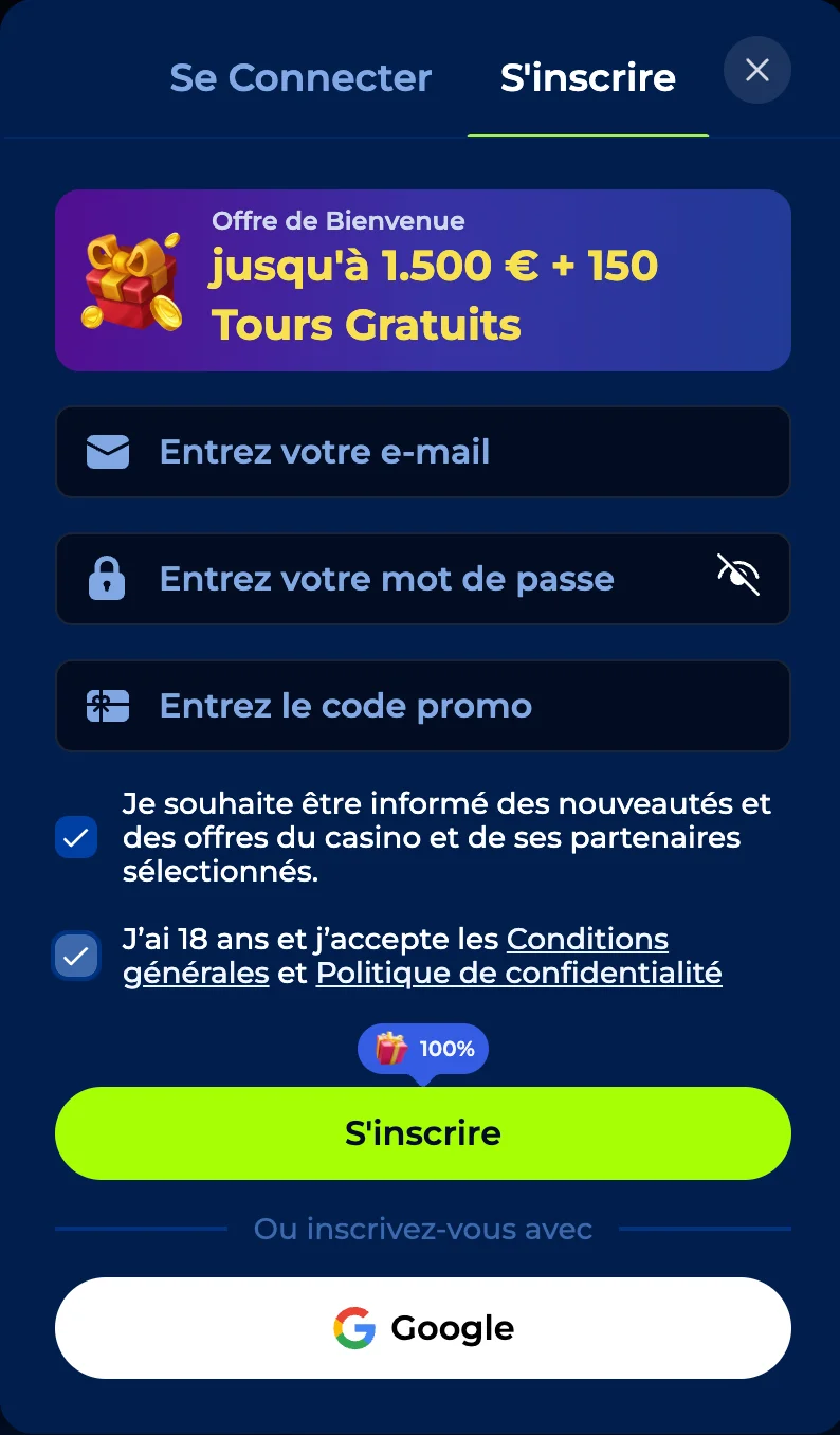 Processus d'inscription au Billionairepsin