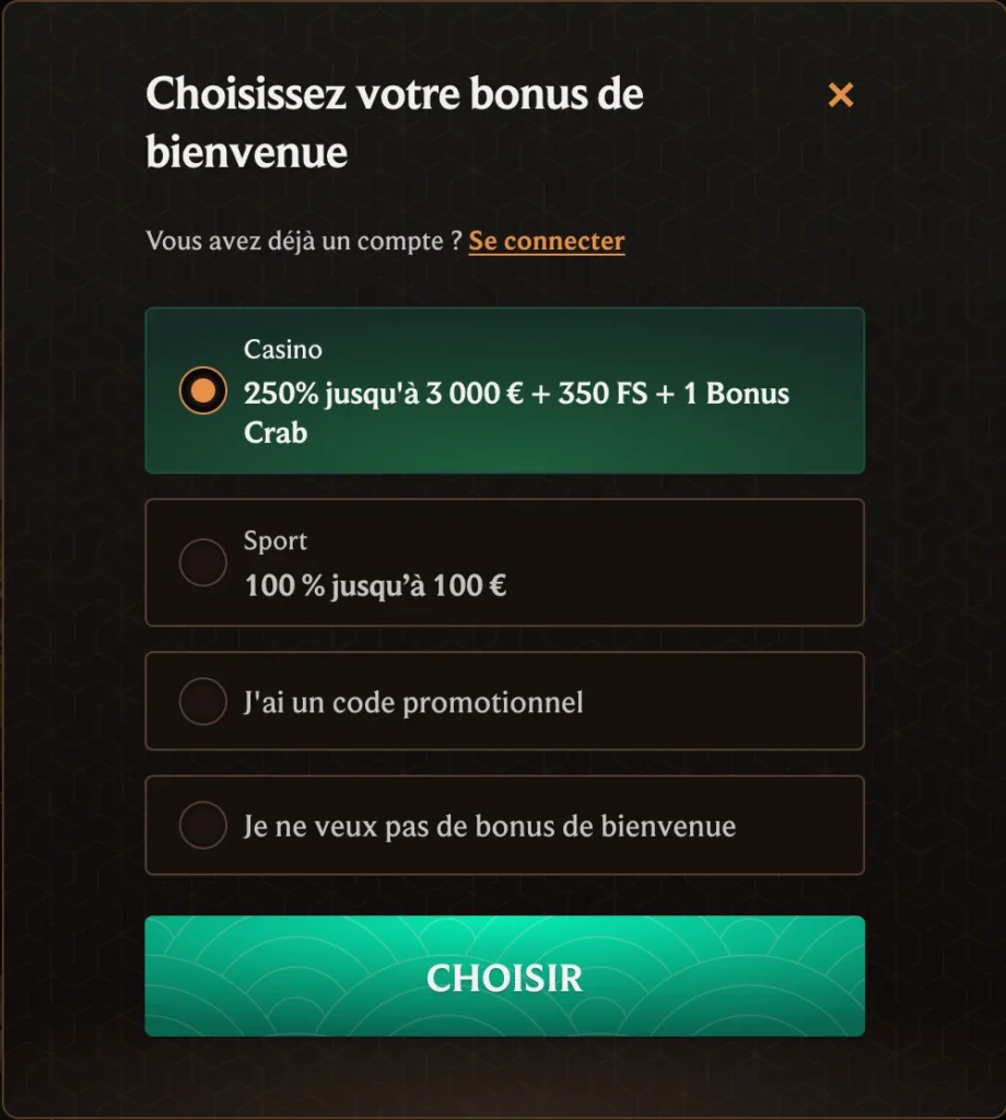 Inscription et sélection de bonus au CrownPlay