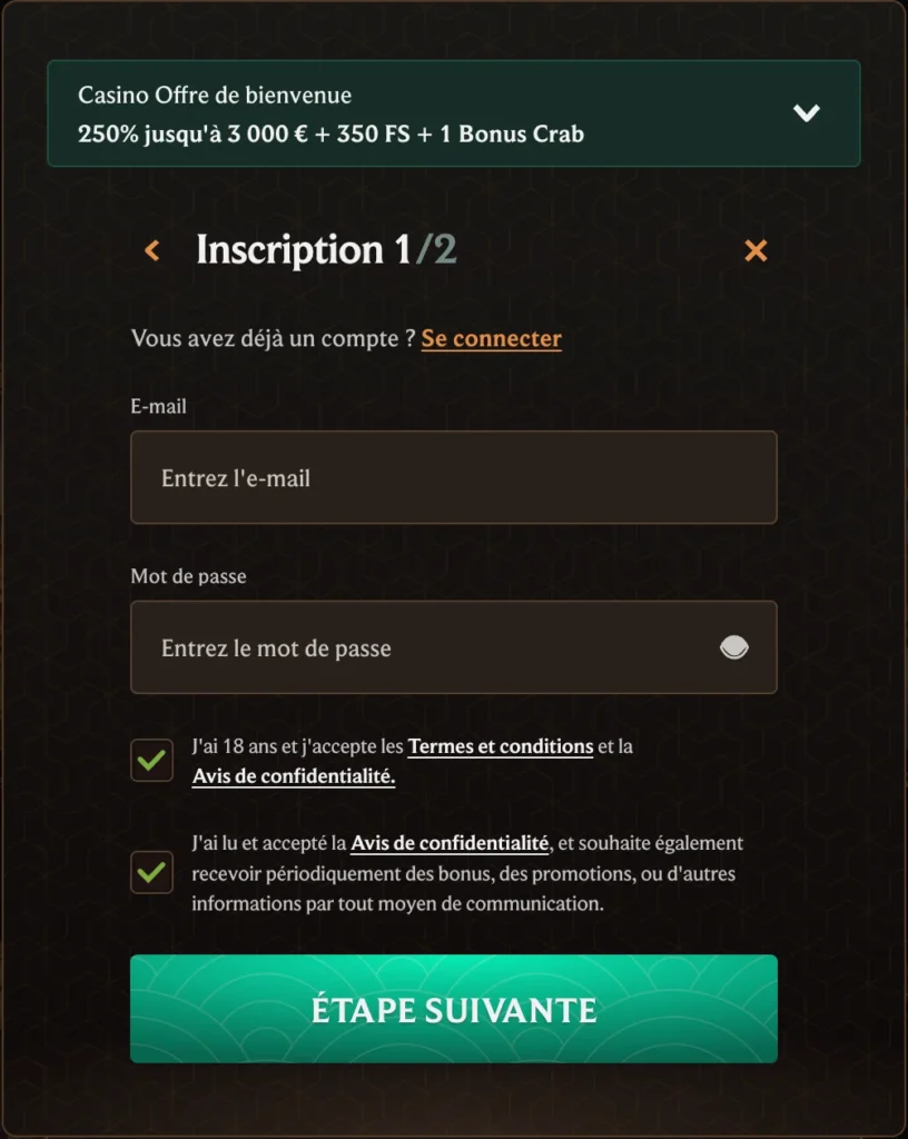 CrownPlay Casino fenêtre d'inscription