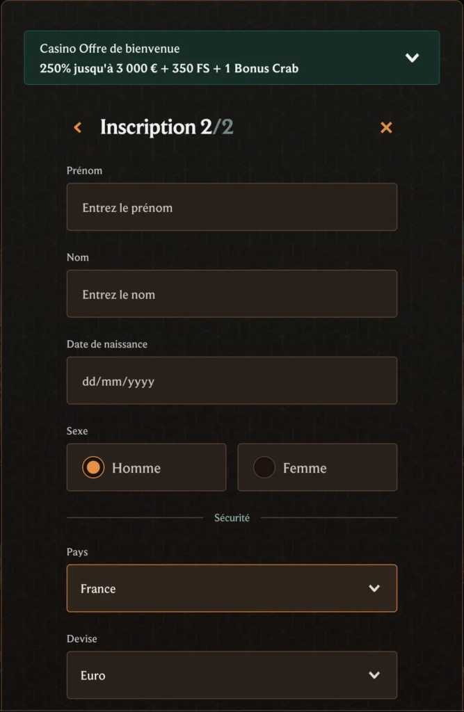 CrownPlay Casino modalités d'inscription