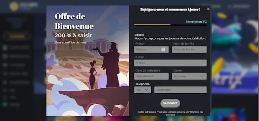 Page d'inscription sur Olympe Casino