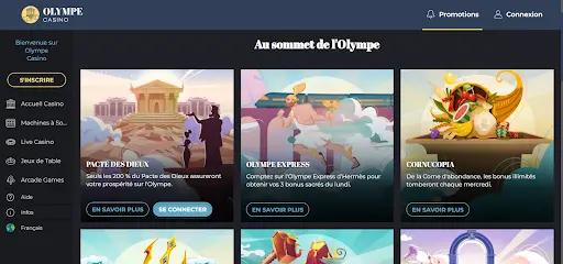 Page des bonus du casino Olympe