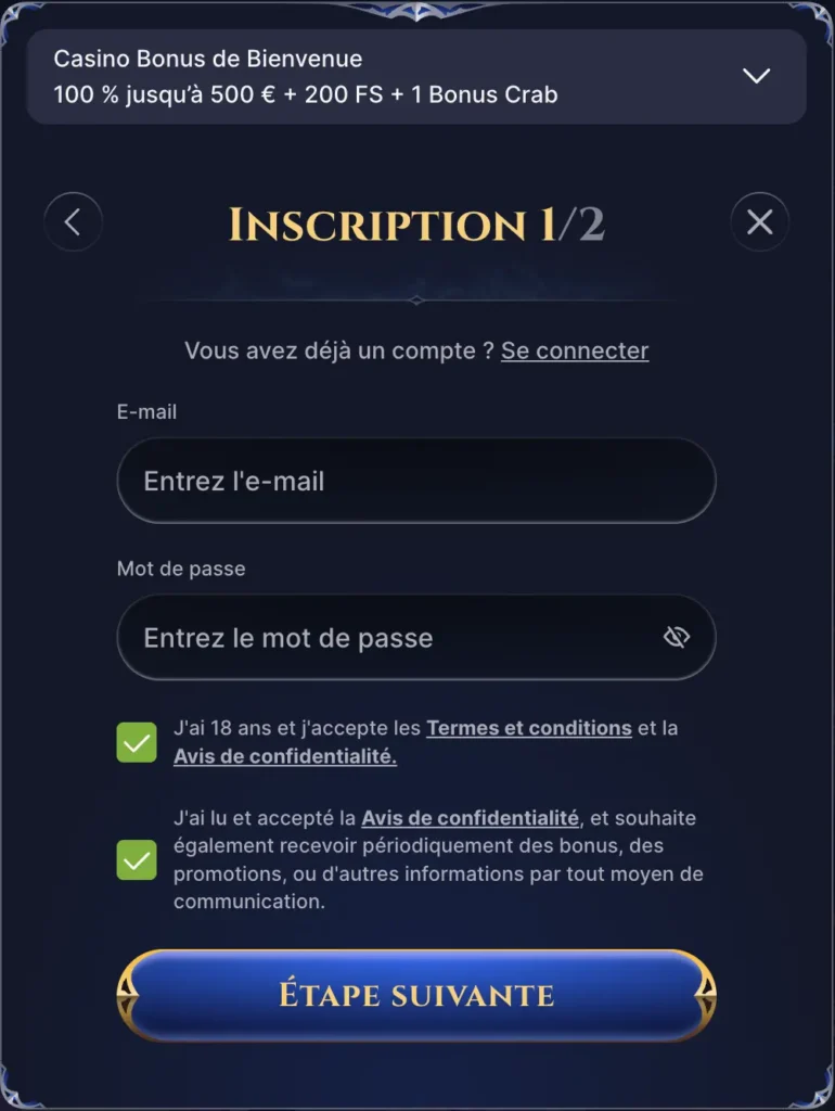 Cazeus Casino fenêtre d'inscription