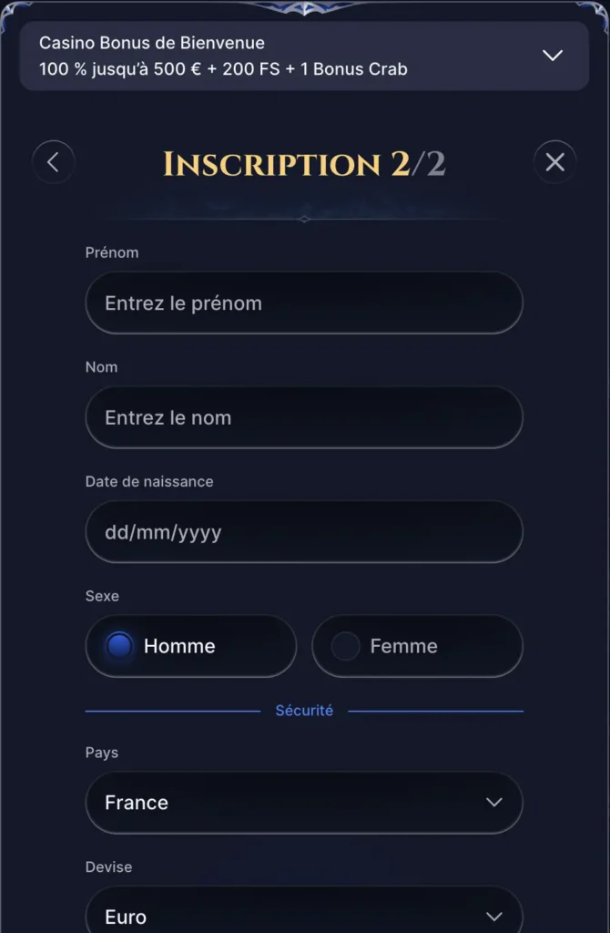 Cazeus Casino détails d'inscription