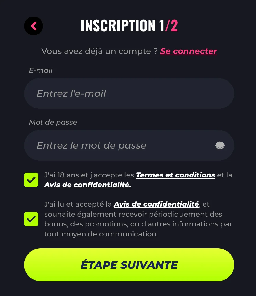 Détails de l'inscription au casino Lunubet