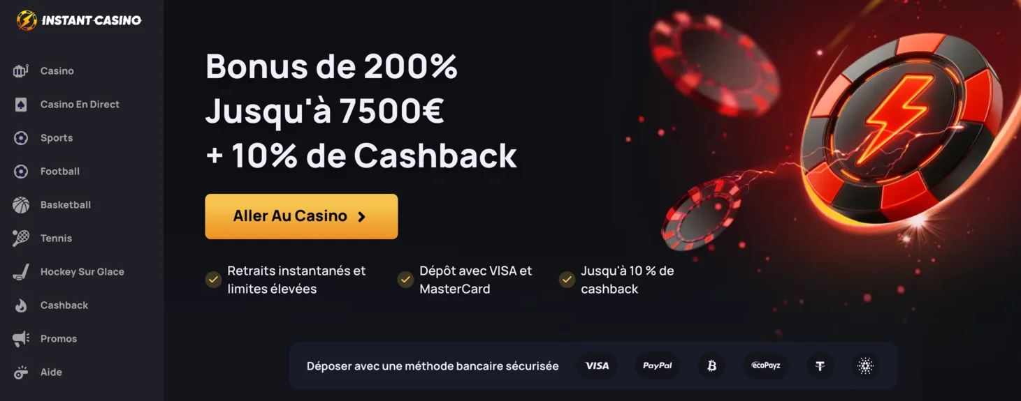 Capture d'écran du lobby du Instant Casino