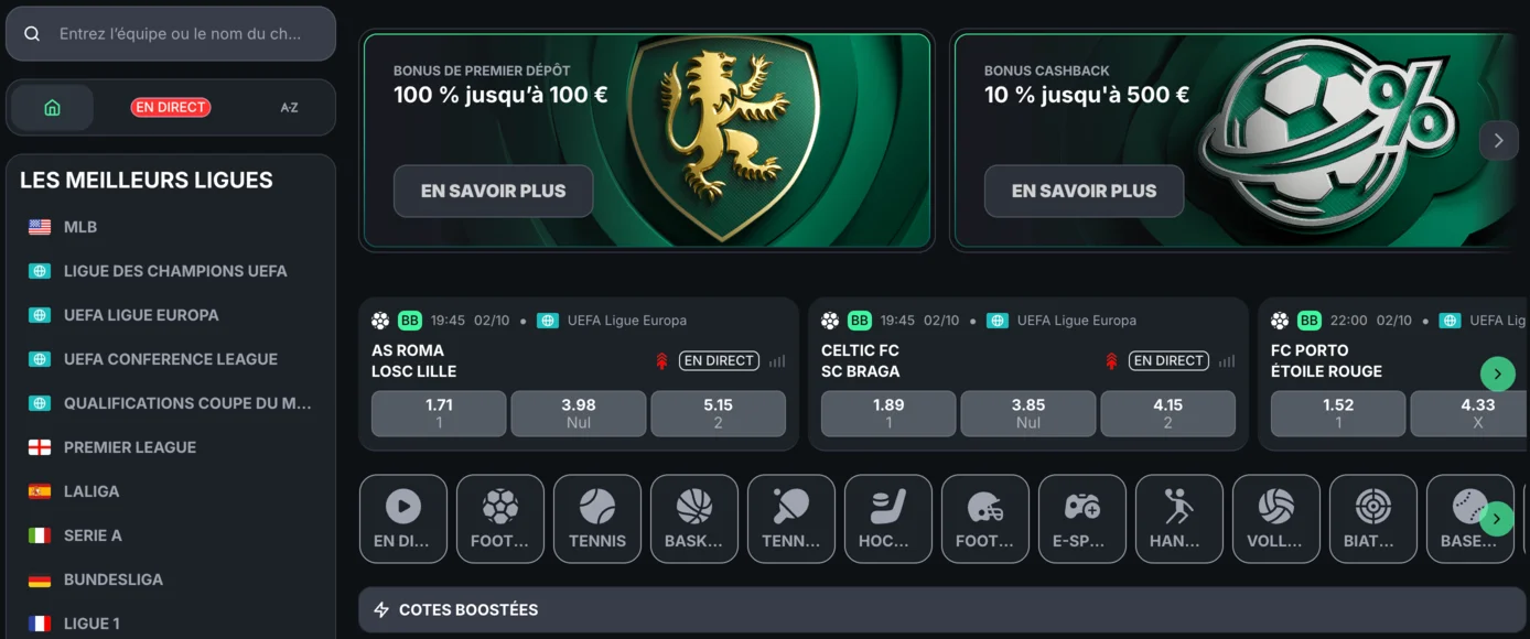 Page des paris sportifs Kinbet