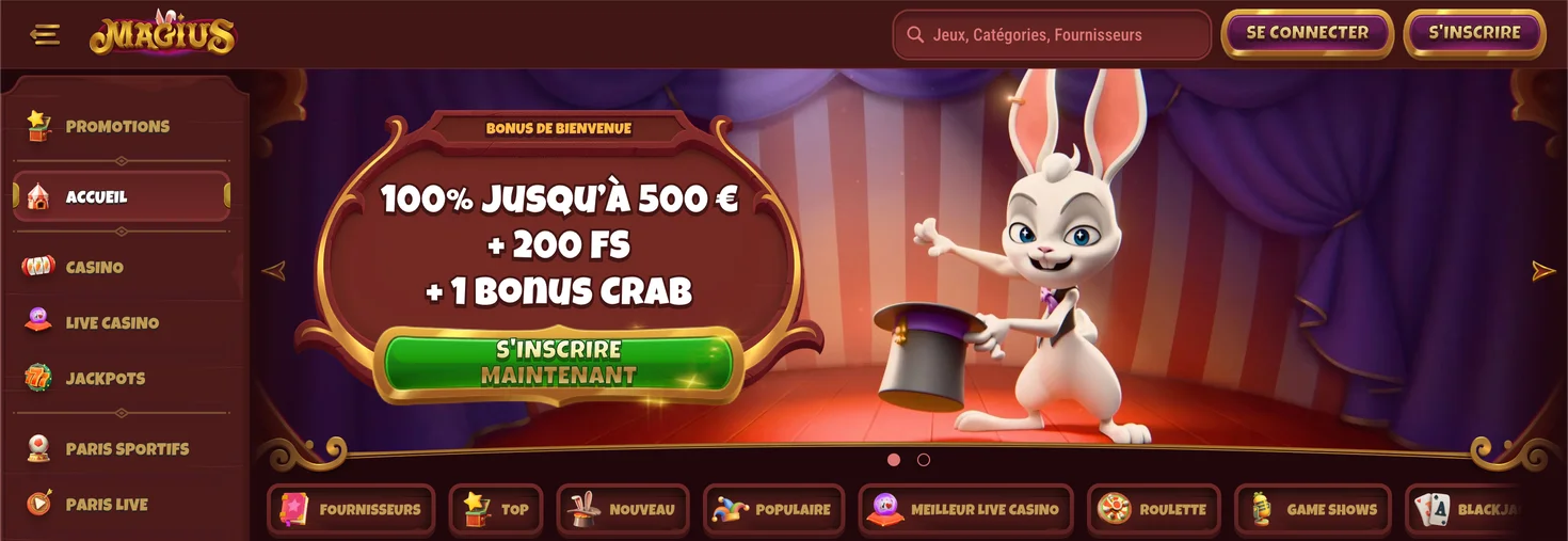 Capture d'écran du lobby du casino Magius