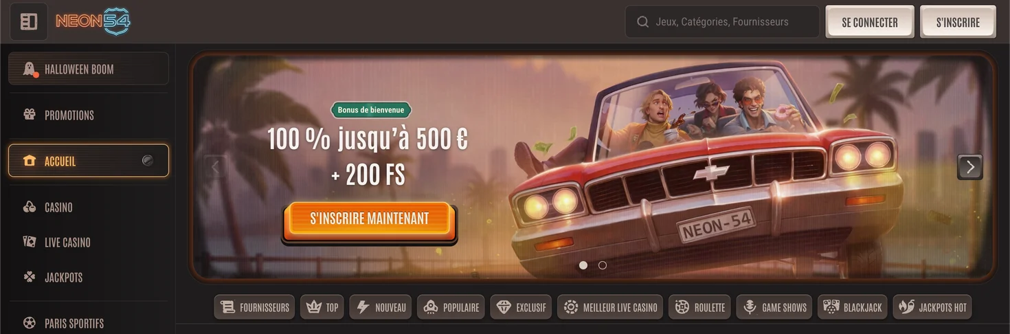 Capture d'écran du lobby du casino Neon54