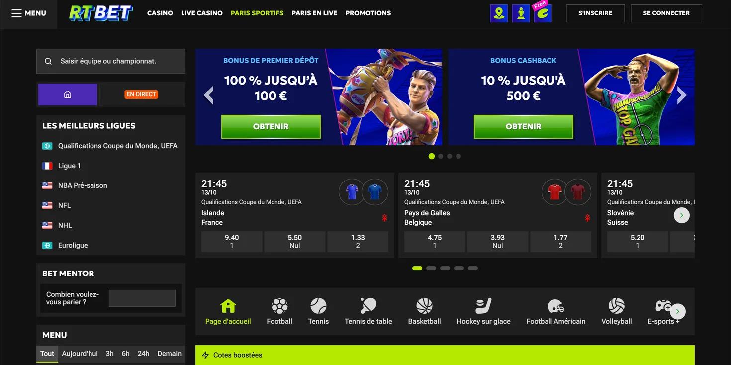 Page des paris sportifs RTbet