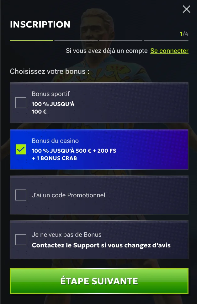 Inscription et sélection de bonus au RTbet