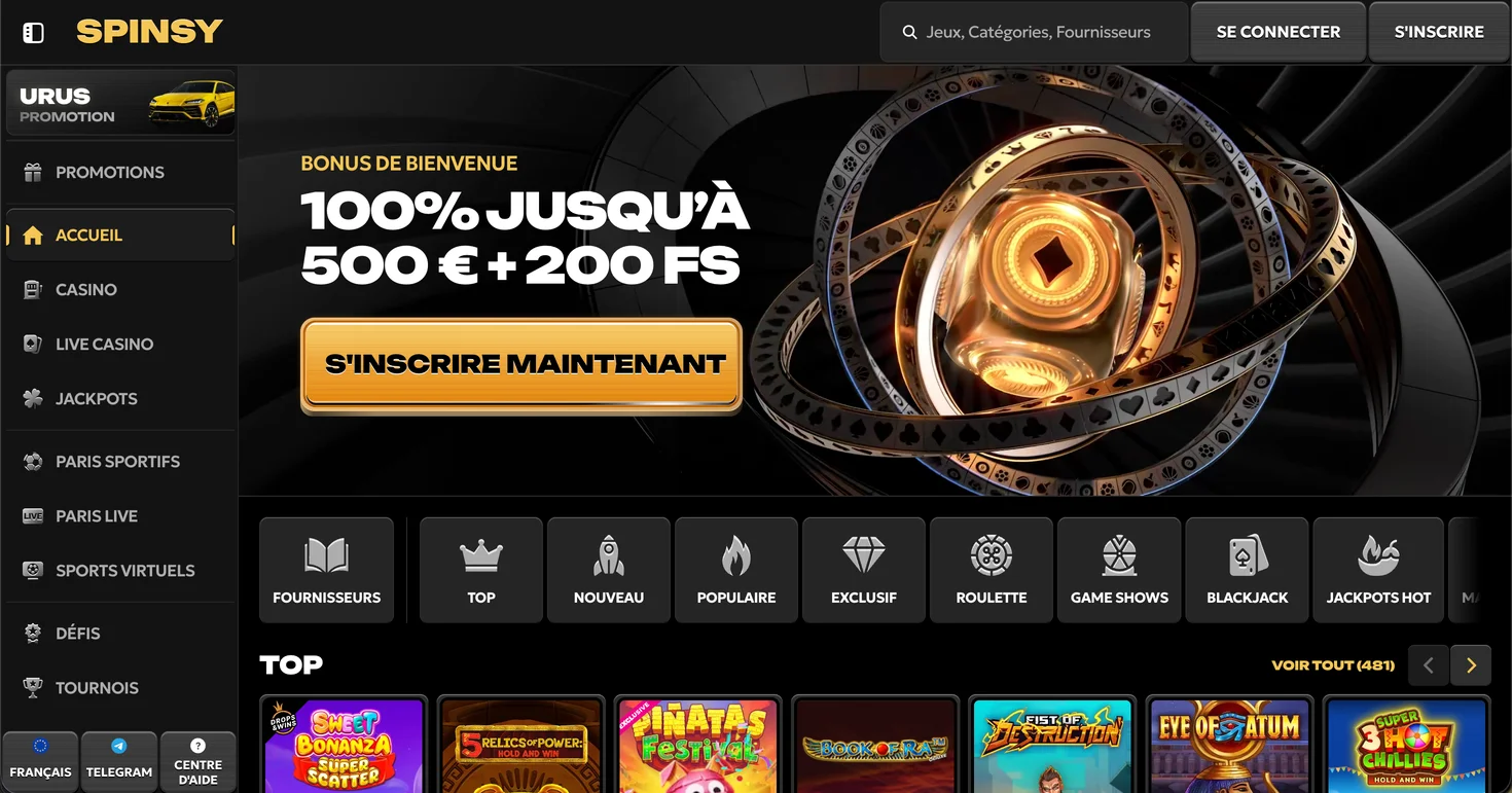 Capture d'écran du lobby du casino Spinsy