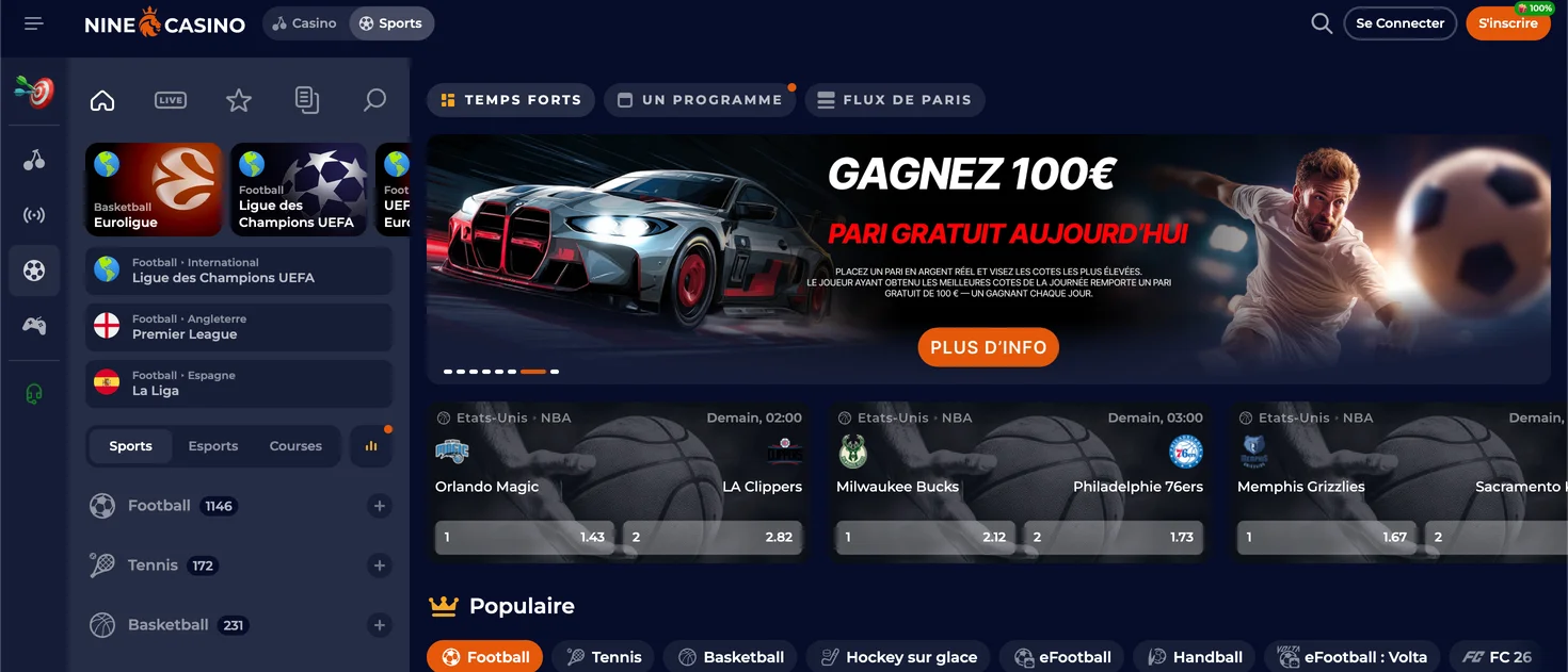 Lobby des paris sportifs Nine Casino