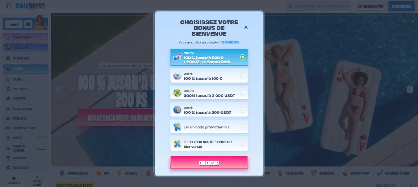 Processus d'inscription au OnlySpins
